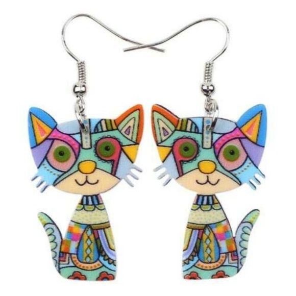 Other - Colorful Blue MULTI-COLOR Acrylic Cat Earrings